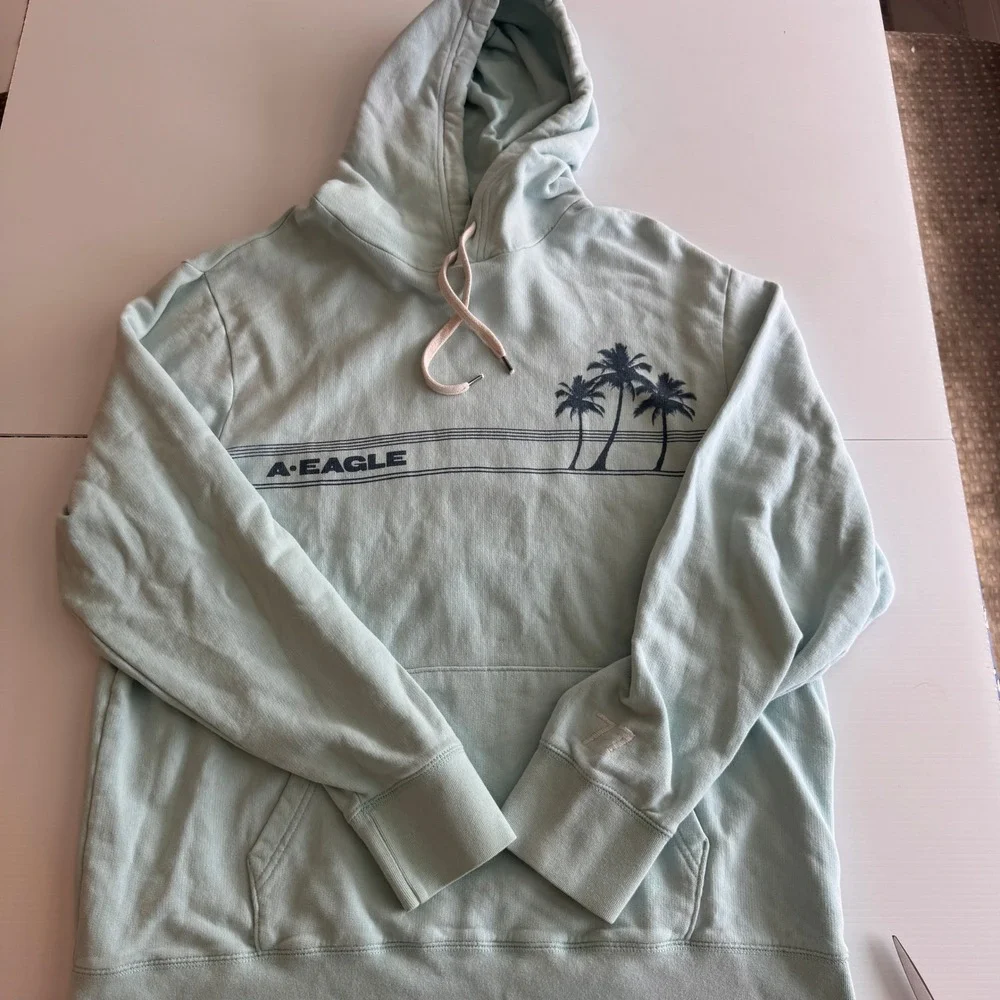 Vtg American Eagle Bonfire Hoodie M Seafoam Palm Tree‎ Graphic Y2K Pullover